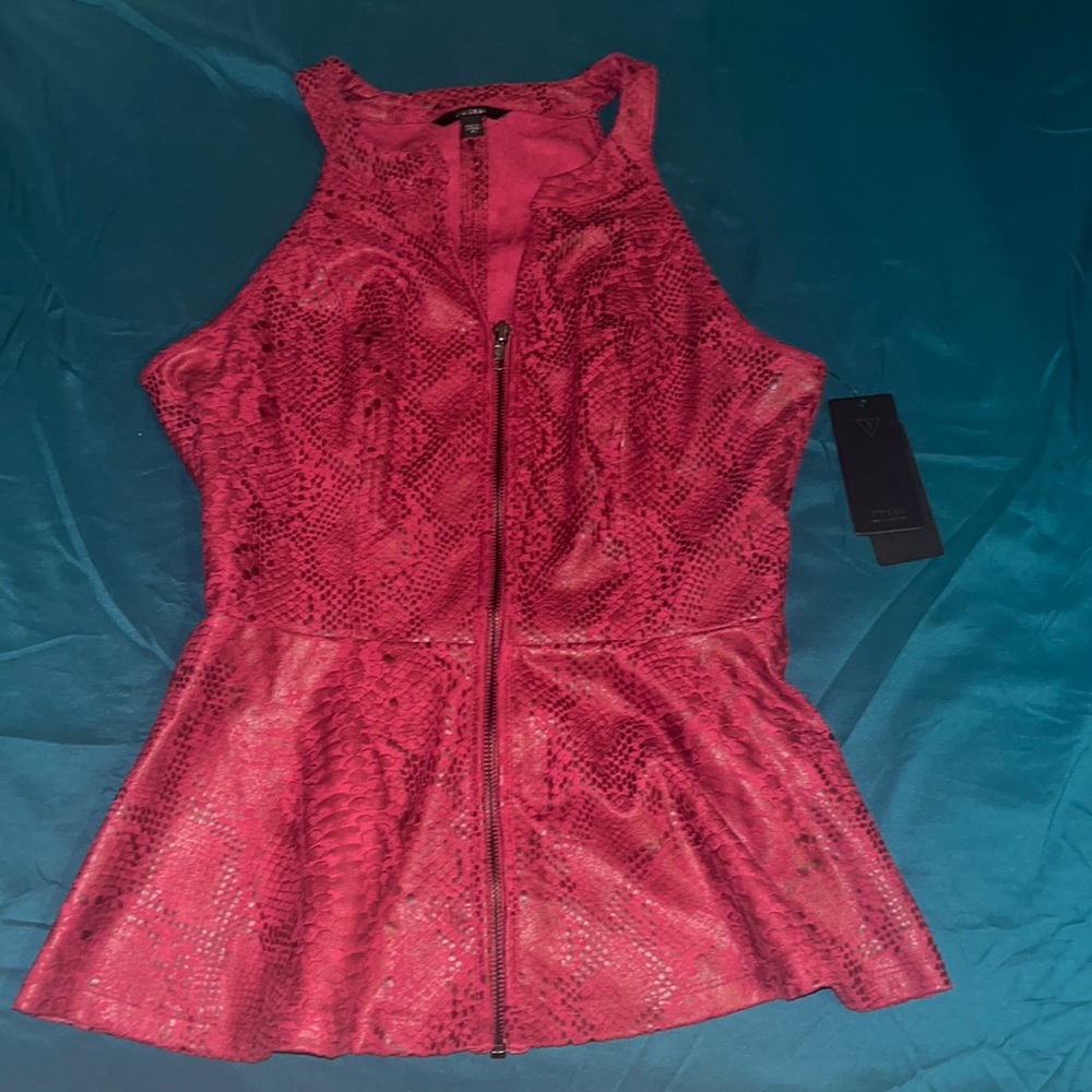 GUESS Red faux leather snake peplum top